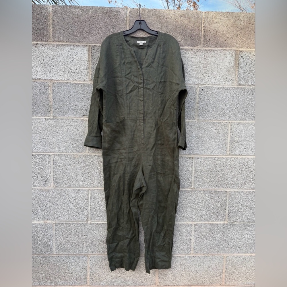 Whistles 100% Linen Size 6 Green Jumpsuit Crop Straight Leg Casual Lightweight